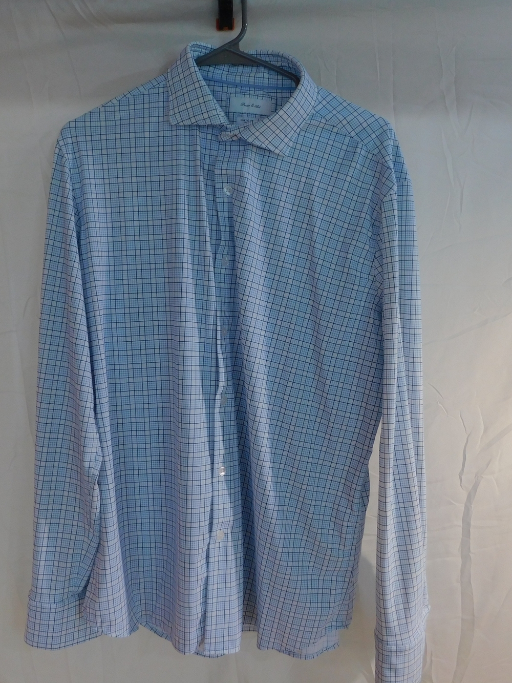 Men's Blue Checked Long-Sleeve Dress Shirt - Classic Spread Collar